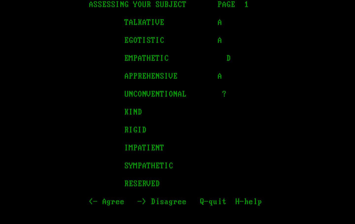 Mind Prober IBM PC/Compatibles Screenshot: The first page of questions about your new subject.
