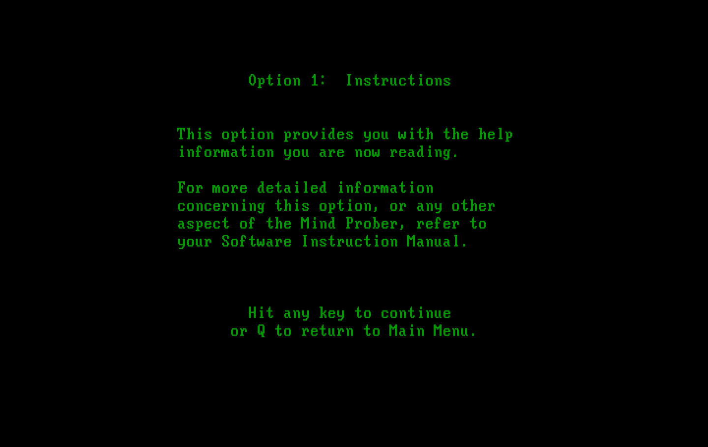Mind Prober IBM PC/Compatibles Screenshot: Instructions continued...