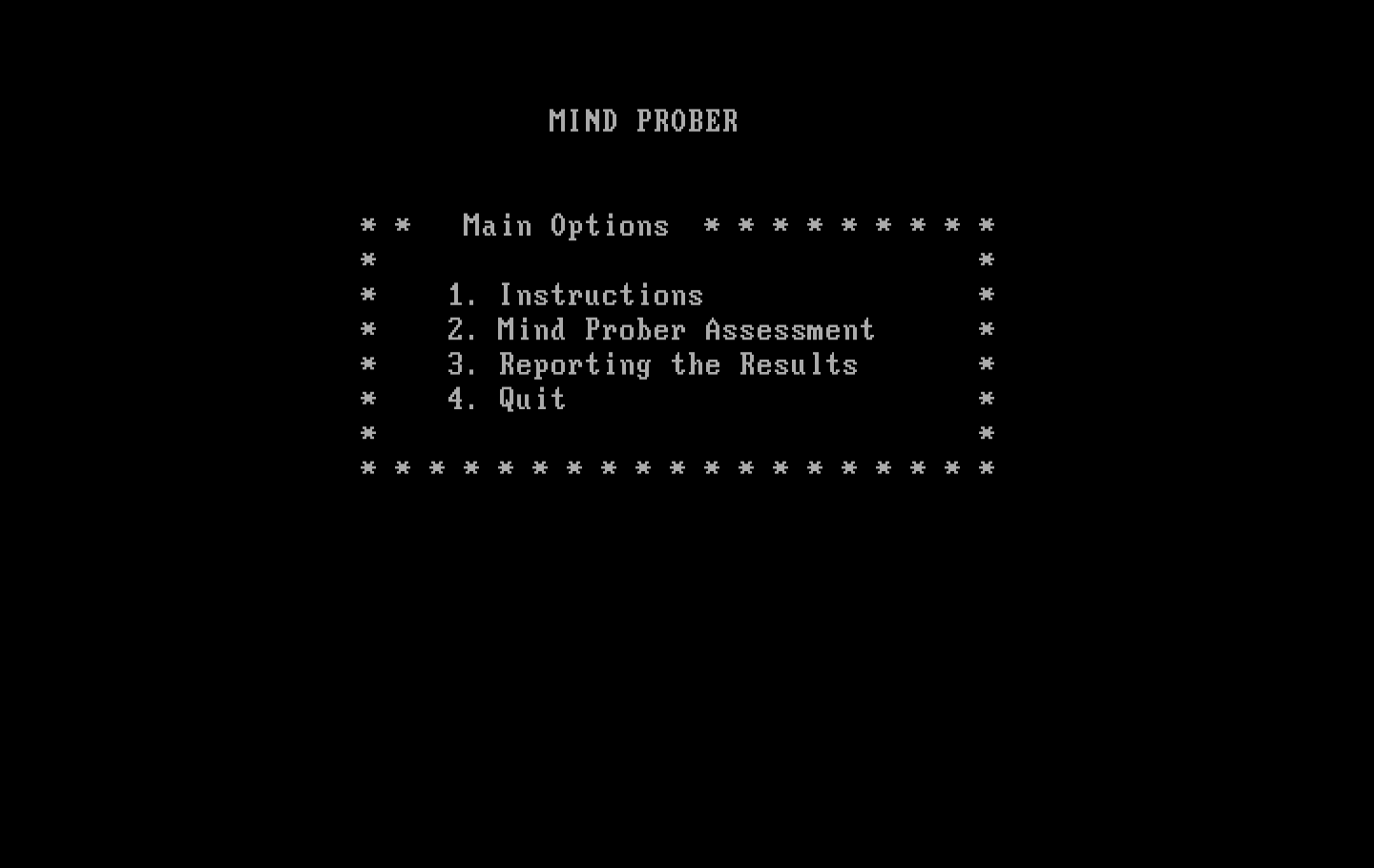 Mind Prober IBM PC/Compatibles Screenshot: The main menu.