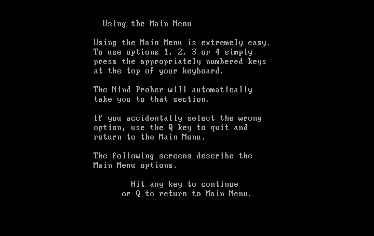 Mind Prober IBM PC/Compatibles Screenshot: Program instructions.