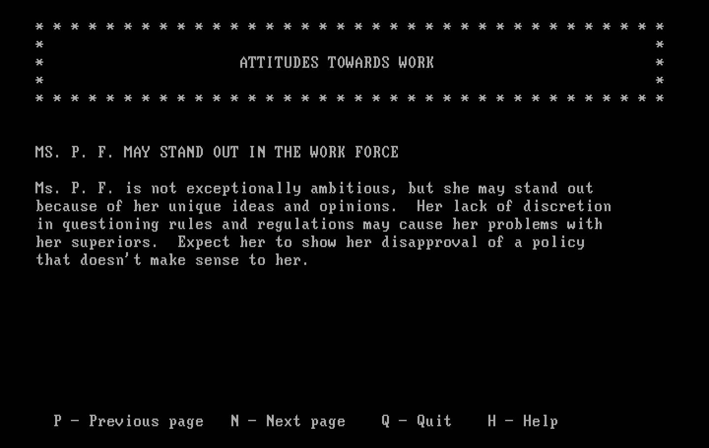 Mind Prober IBM PC/Compatibles Screenshot: The report spans several pages and topics...