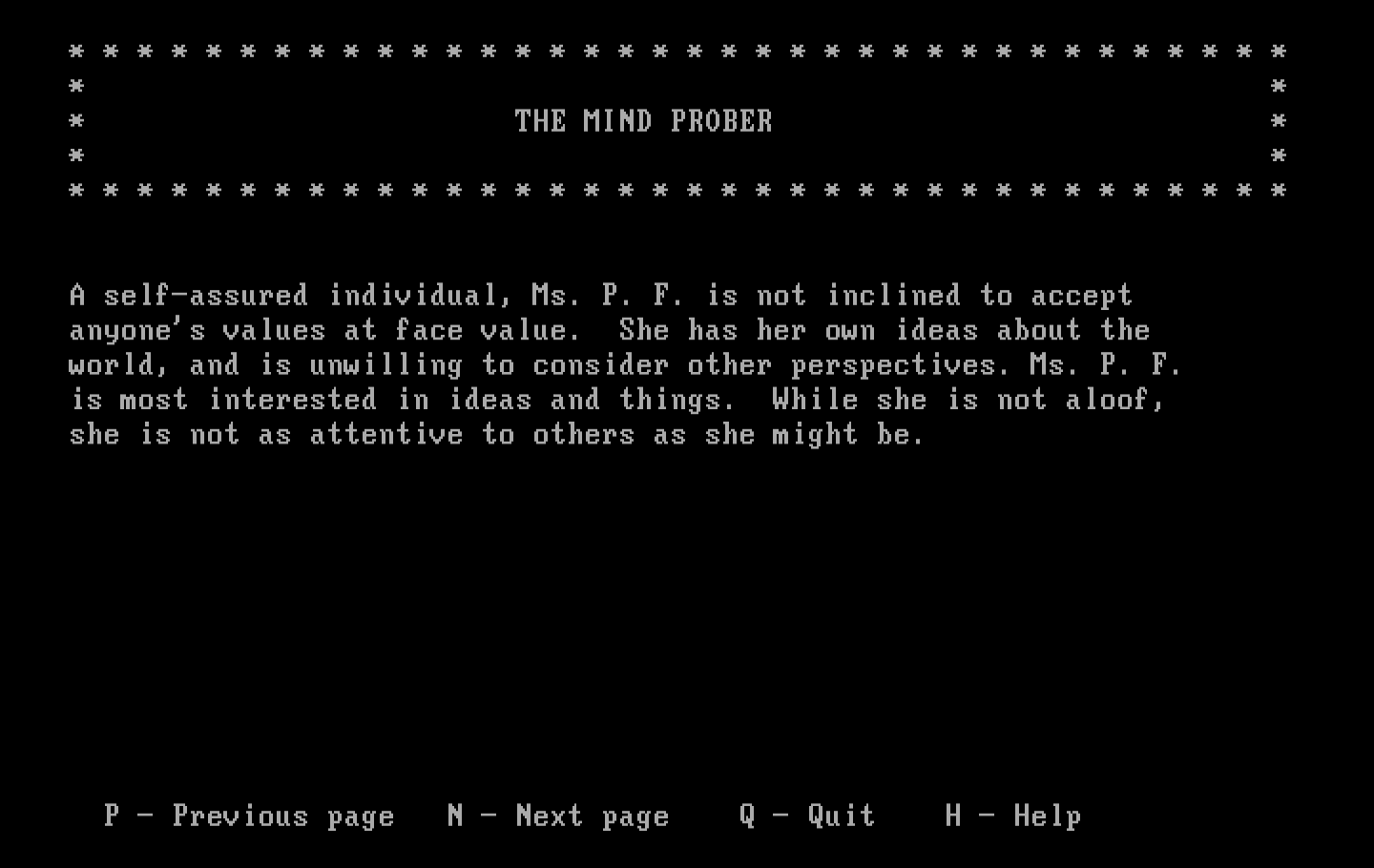 Mind Prober IBM PC/Compatibles Screenshot: Page 1 of the resulting report.
