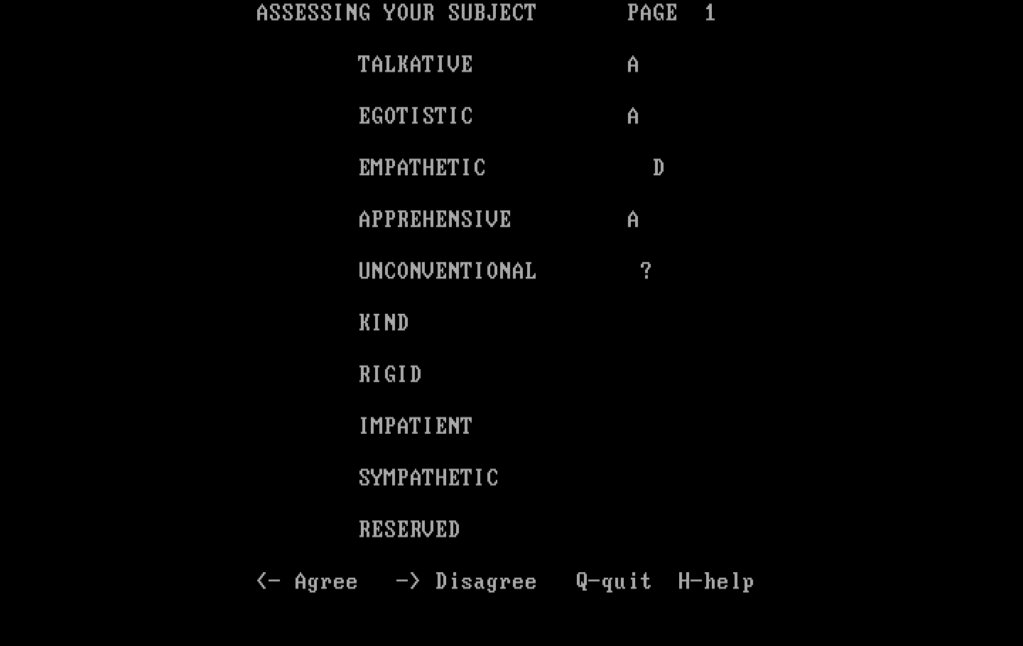 Mind Prober IBM PC/Compatibles Screenshot: The first page of questions about your new subject.