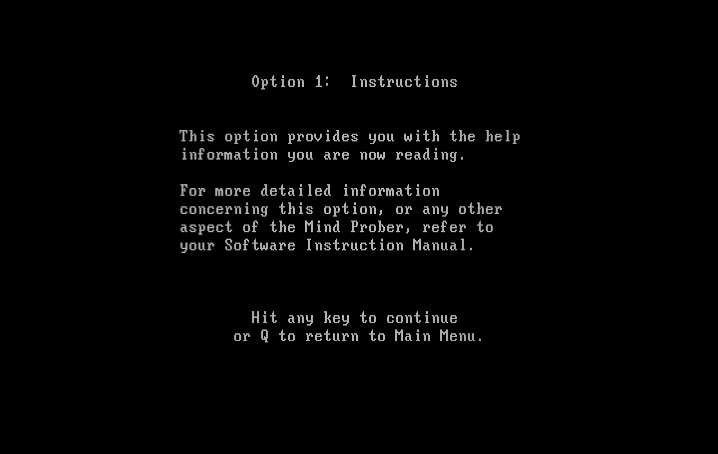 Mind Prober IBM PC/Compatibles Screenshot: Instructions continued...
