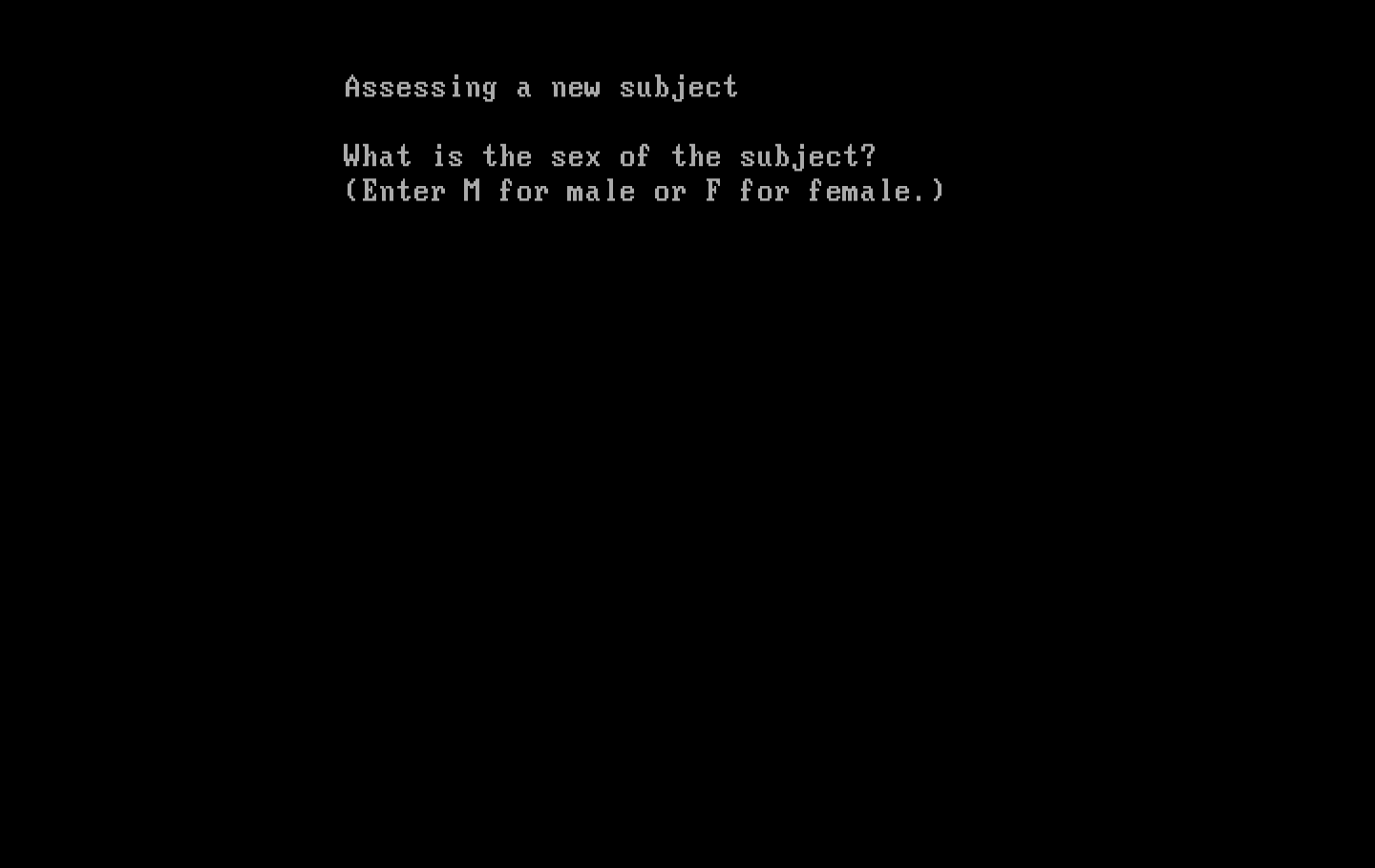 Mind Prober IBM PC/Compatibles Screenshot: Starting the assessment for a new subject.