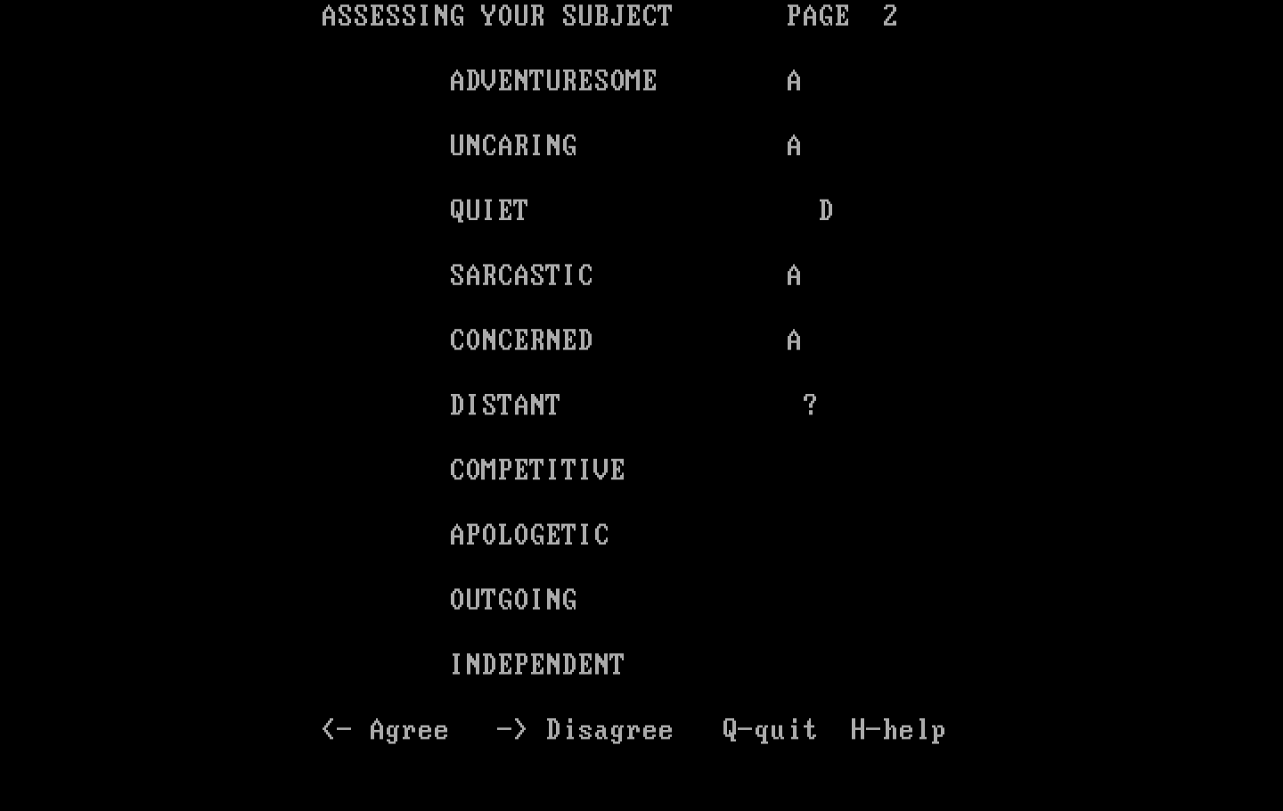 Mind Prober IBM PC/Compatibles Screenshot: Still responding to questions...
