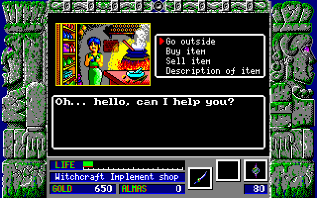 Zeliard IBM PC/Compatibles Screenshot: Buying some items.