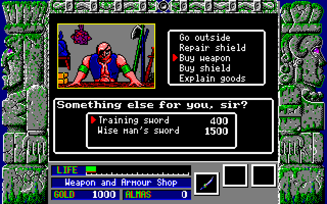 Zeliard IBM PC/Compatibles Screenshot: Buying some weapons.