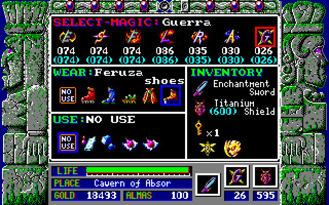 Zeliard IBM PC/Compatibles Screenshot: Inventory screen.