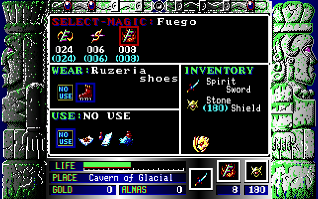 Zeliard IBM PC/Compatibles Screenshot: Inventory screen.