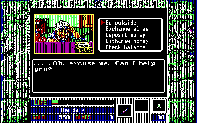Zeliard IBM PC/Compatibles Screenshot: Visiting a bank.