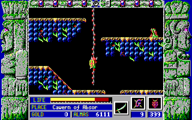 Zeliard IBM PC/Compatibles Screenshot: Climbing a rope to a new platform.
