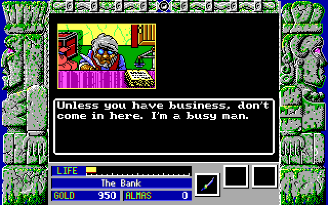 Zeliard IBM PC/Compatibles Screenshot: Visiting a bank.