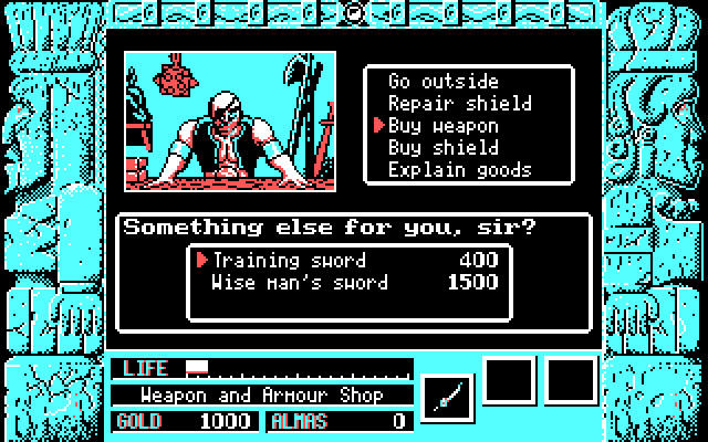 Zeliard IBM PC/Compatibles Screenshot: Care to buy a weapon?