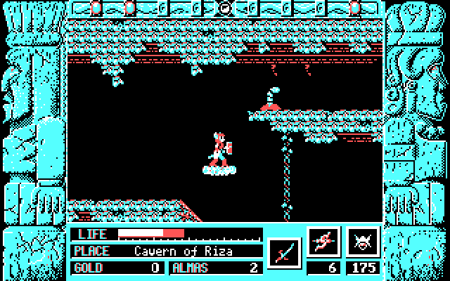 Zeliard IBM PC/Compatibles Screenshot: Riding a moving platform to reach the next area.