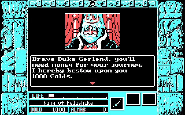 Zeliard IBM PC/Compatibles Screenshot: The king gives you some money to start out.