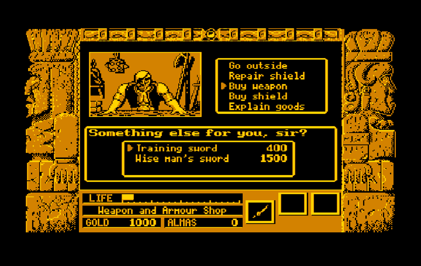 Zeliard IBM PC/Compatibles Screenshot: Buying some weapons.