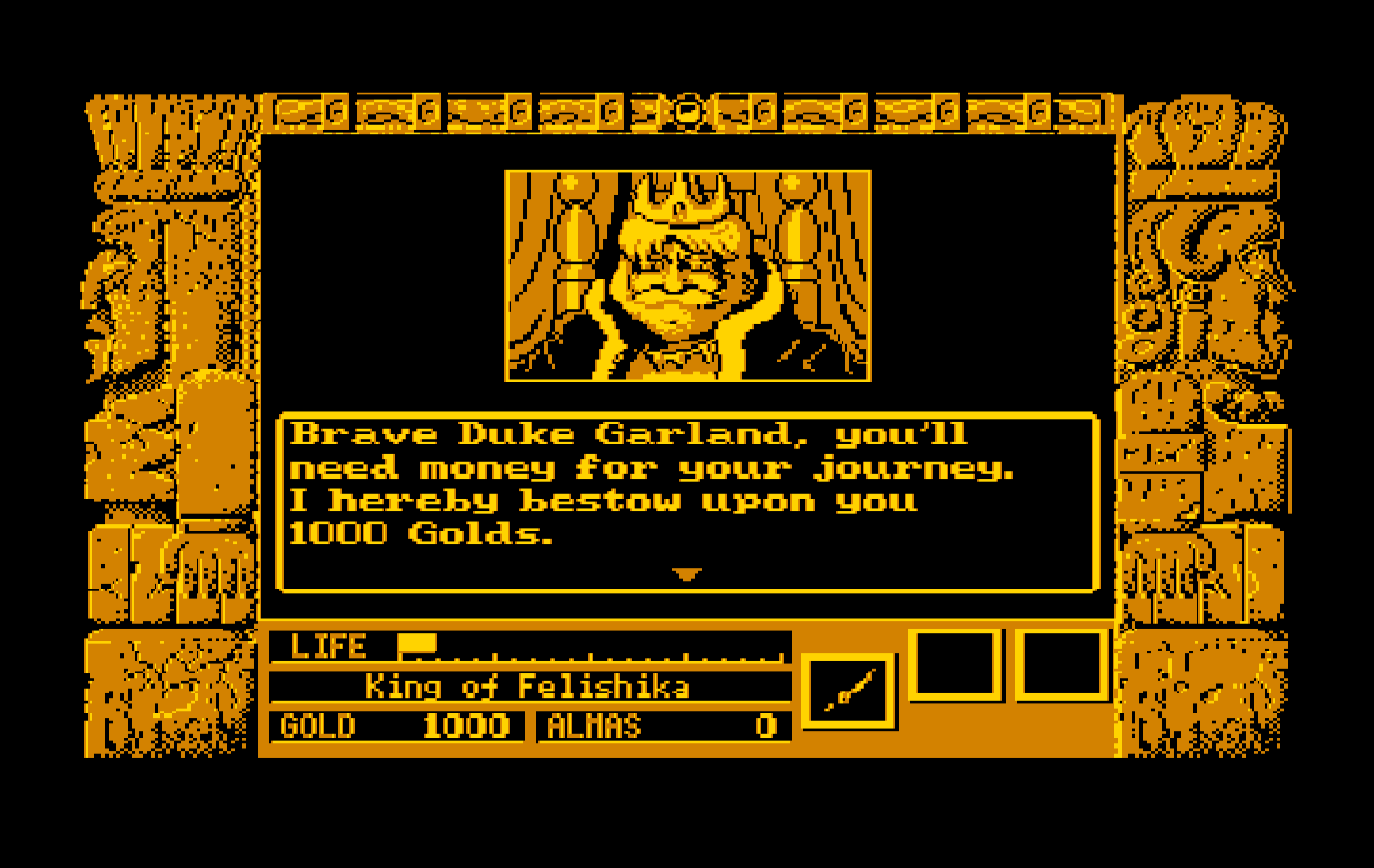 Zeliard IBM PC/Compatibles Screenshot: The king gives you some money to get started.