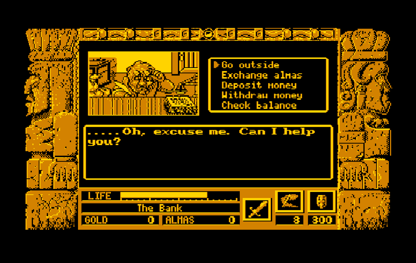 Zeliard IBM PC/Compatibles Screenshot: Inside a bank; care to make a deposit?