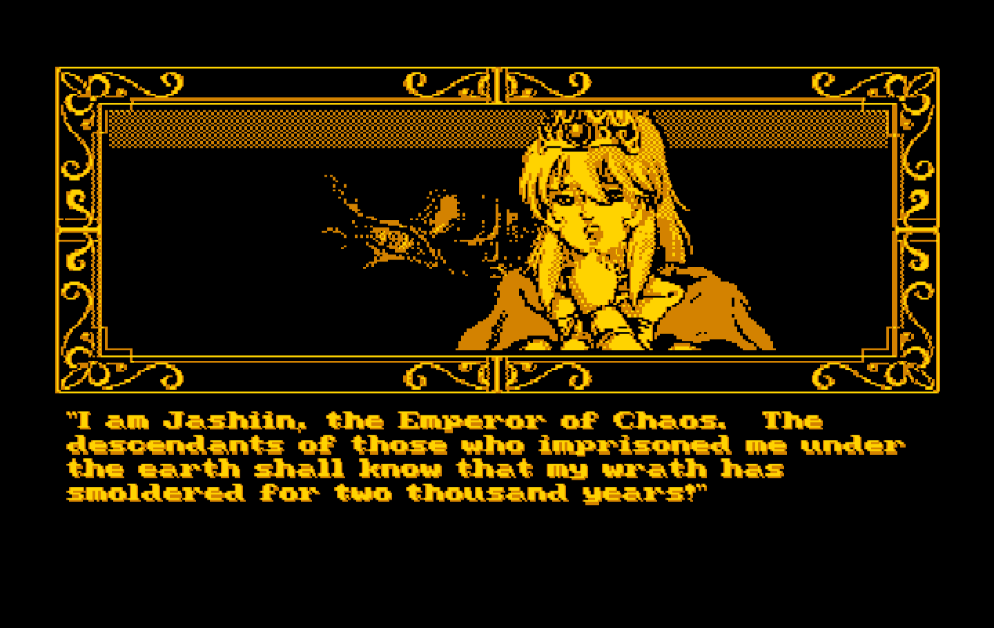 Zeliard IBM PC/Compatibles Screenshot: Enter Jashiin, The emperor of chaos...