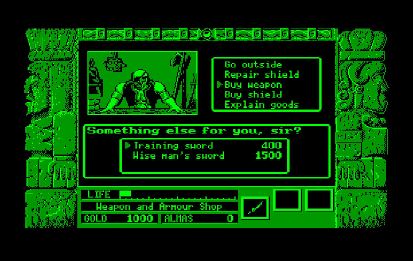 Zeliard IBM PC/Compatibles Screenshot: Buying some weapons.