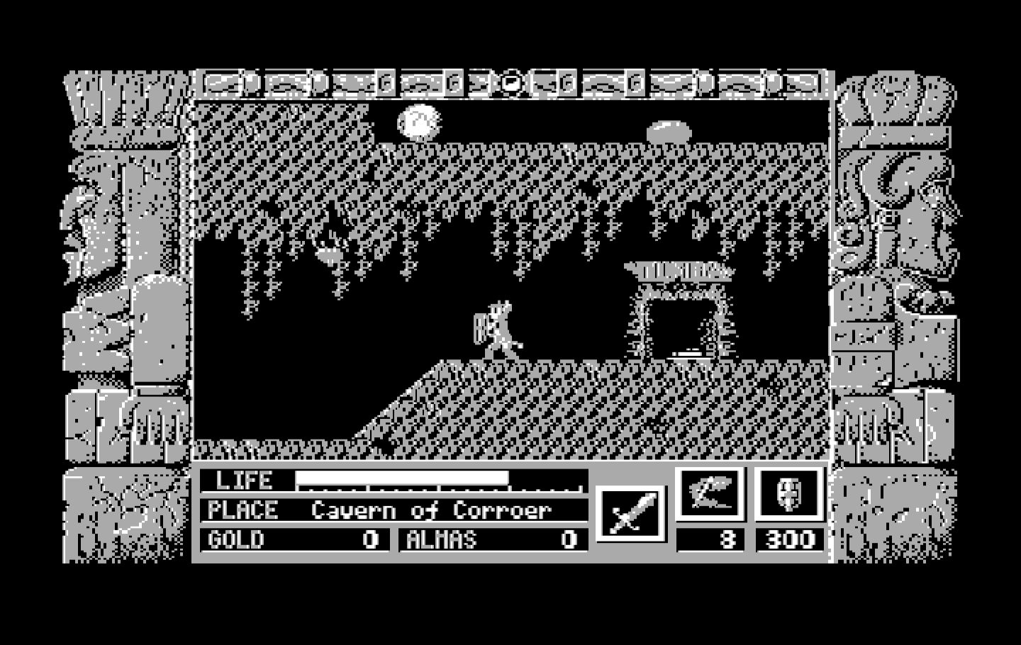 Zeliard IBM PC/Compatibles Screenshot: Initially you can't climb up the sloped floors.