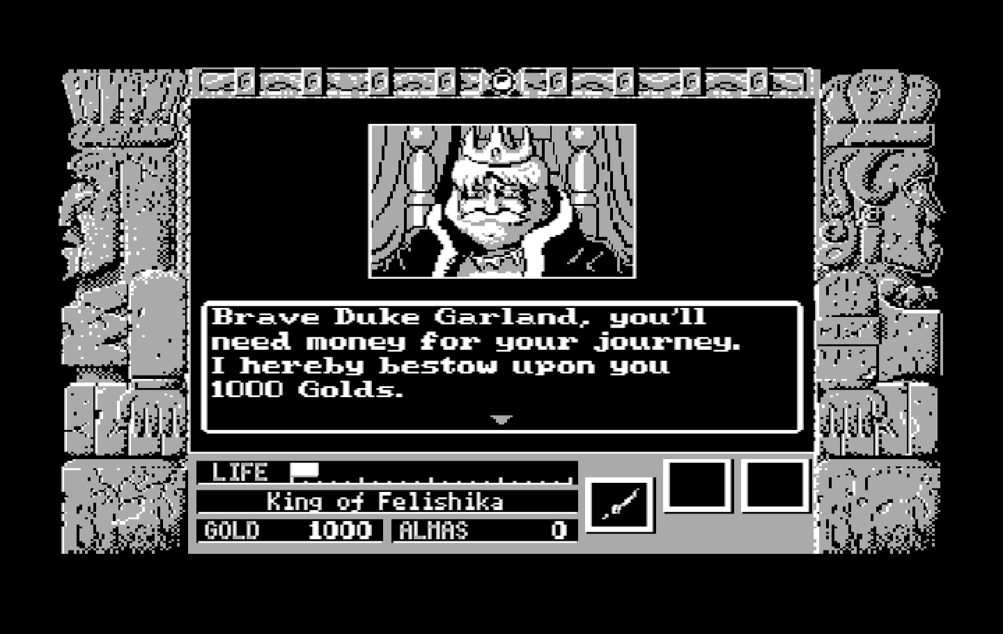 Zeliard IBM PC/Compatibles Screenshot: The king gives you some money to get started.