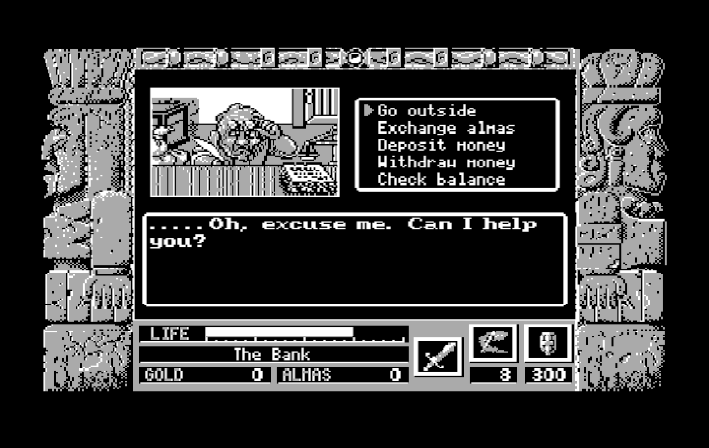 Zeliard IBM PC/Compatibles Screenshot: Inside a bank; care to make a deposit?