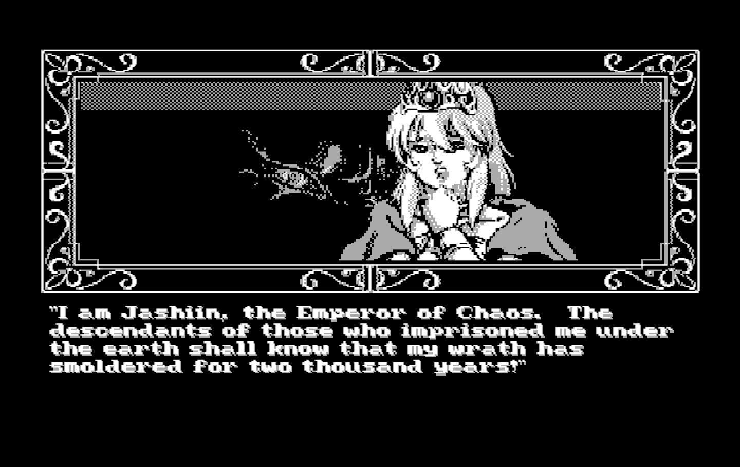Zeliard IBM PC/Compatibles Screenshot: Enter Jashiin, The emperor of chaos...