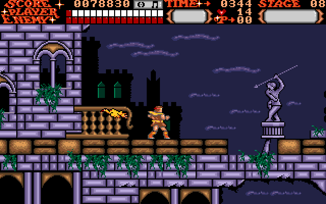 Castlevania Amiga Screenshot: Gaps in the platform and fast moving birds make this area a challenge...