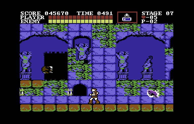 Castlevania Commodore 64 Screenshot: Ghosts and hunchbacks appear at the start of level three.