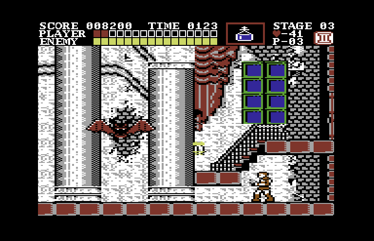 Castlevania Commodore 64 Screenshot: A giant vampire bat ends the first level.