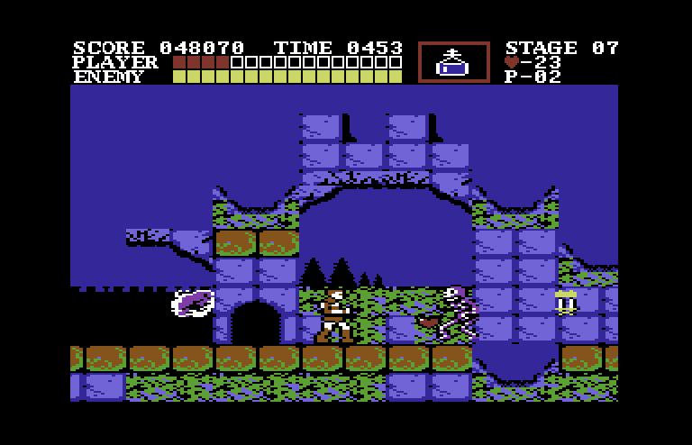 Castlevania Commodore 64 Screenshot: A skeleton blocks the path.