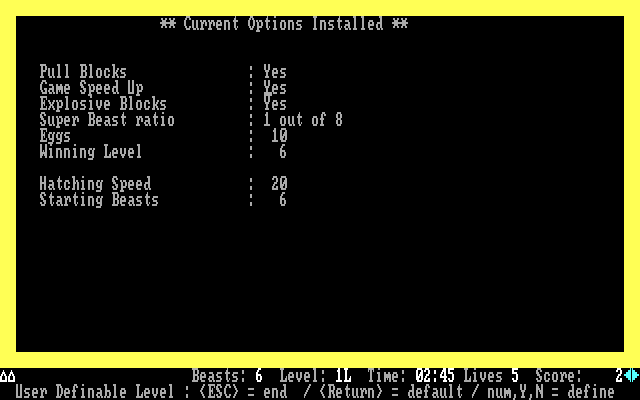 Beast IBM PC/Compatibles Screenshot: The game difficulty and other parameters can be customized.