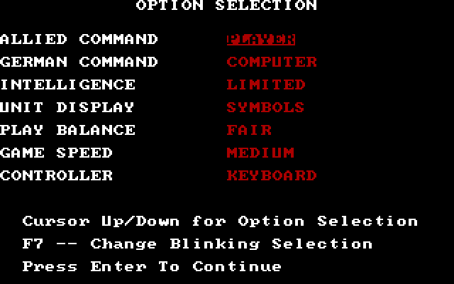 Crusade in Europe IBM PC/Compatibles Screenshot: Some scenarios offer some options.