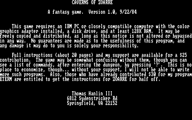 Caverns of Zoarre IBM PC/Compatibles Screenshot: Title and game introduction.