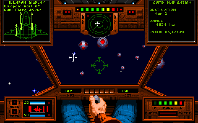 Wing Commander IBM PC/Compatibles Screenshot: Avoid the mines in this Kilrathi mine field.