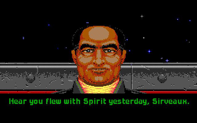 Wing Commander IBM PC/Compatibles Screenshot: Talking to the bartender, Shotglass.