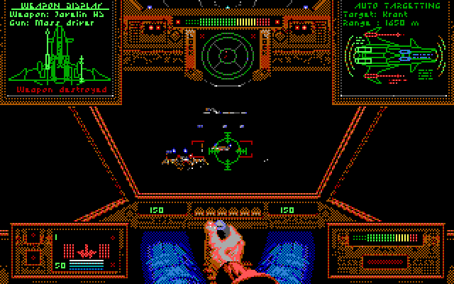 Wing Commander IBM PC/Compatibles Screenshot: Targeting Kilrathi fighters.