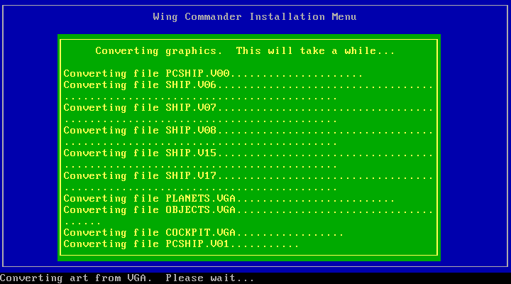 Wing Commander IBM PC/Compatibles Screenshot: If you aren't running the game in MCGA/VGA graphics mode the installer first has to convert graphics files to the correct format.