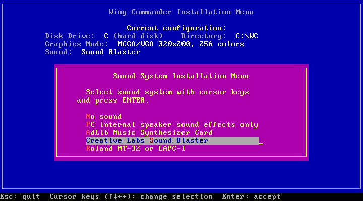Wing Commander IBM PC/Compatibles Screenshot: Sound hardware selection menu.