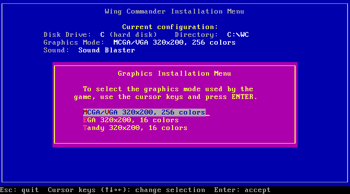 Wing Commander IBM PC/Compatibles Screenshot: Graphics mode selection menu.