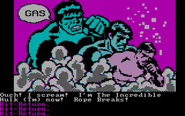 Questprobe featuring The Hulk IBM PC/Compatibles Screenshot: Gas fills the room. Will it stop the Hulk?
