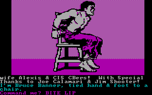 Questprobe featuring The Hulk IBM PC/Compatibles Screenshot: Bruce Banner is tied up at the moment...