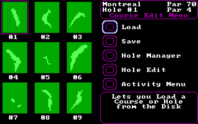 World Tour Golf IBM PC/Compatibles Screenshot: The course editor menu.