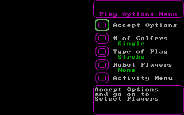 World Tour Golf IBM PC/Compatibles Screenshot: One of the menus for setting up a new game.