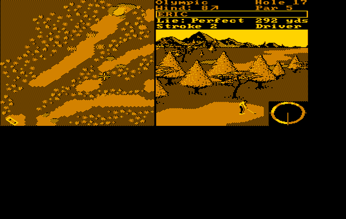 World Tour Golf IBM PC/Compatibles Screenshot: Stuck behind some trees.