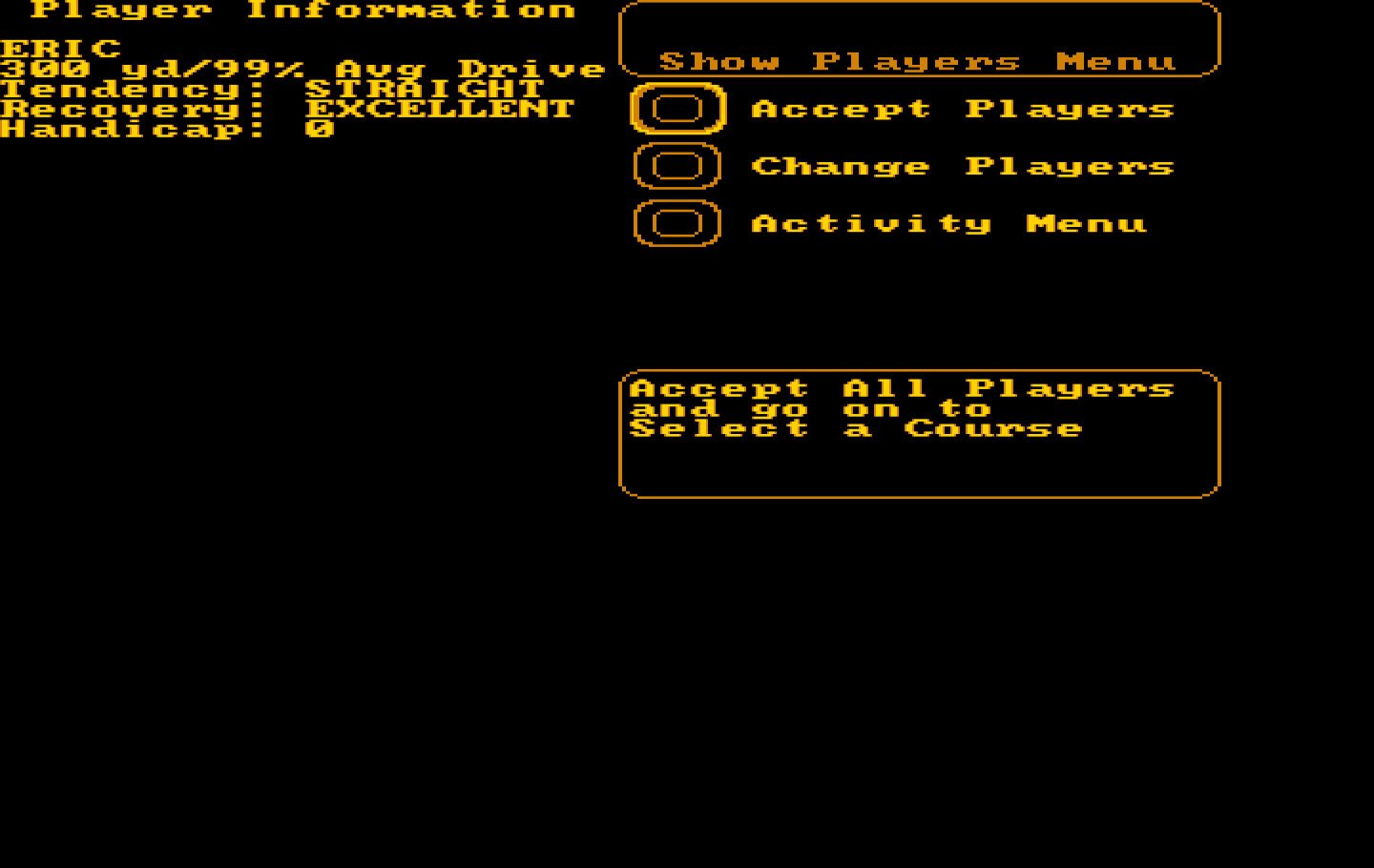 World Tour Golf IBM PC/Compatibles Screenshot: Setting up a new game.