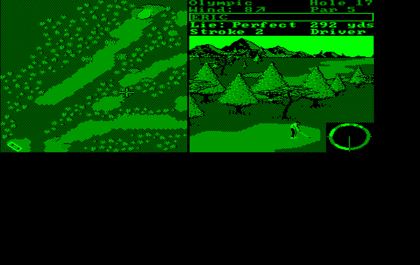 World Tour Golf IBM PC/Compatibles Screenshot: Stuck behind some trees.