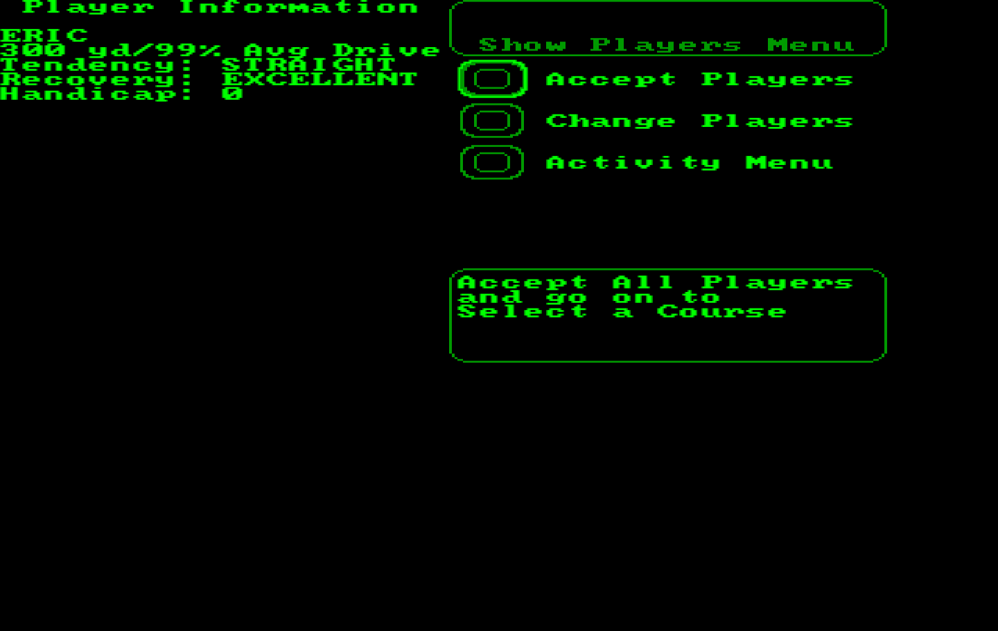 World Tour Golf IBM PC/Compatibles Screenshot: Setting up a new game.